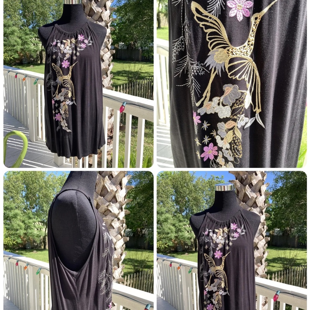 I.N.C  Embroidered extensively XL Halter Blouse Top black/multi with BIRD detail
